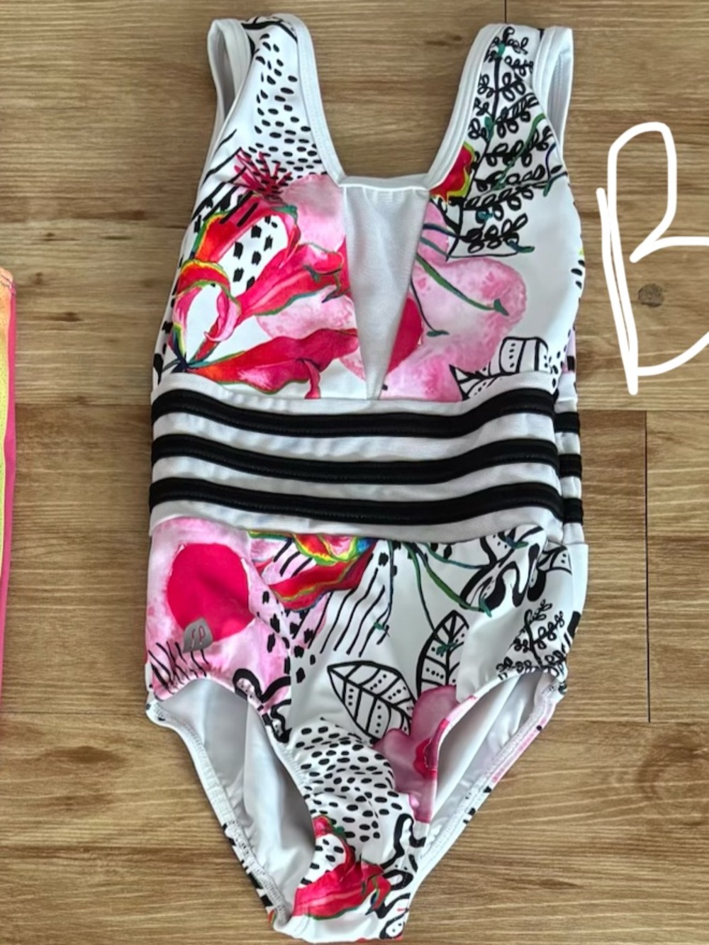 Girls' Floral Pink & White One-Piece Bodysuit with Black Stripe Waist